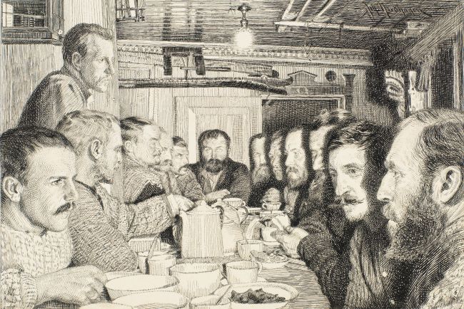 L'équipage du FRAM à l'heure du souper. Dessin à la plume et à l'encre datant d'environ 1896. Auteur inconnu, Bibliothèque Nationale de Norvège / Wikimedia Commons